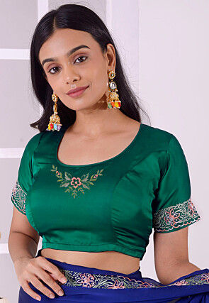 Embroidered Satin Silk Blouse in Green