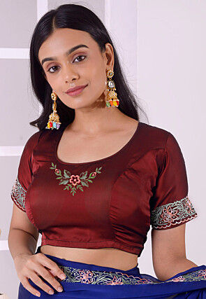 Embroidered Satin Silk Blouse in Maroon