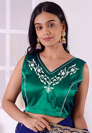 Embroidered Satin Silk Blouse in Teal Green