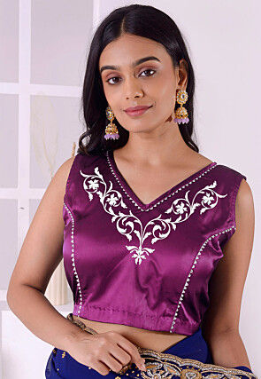 Embroidered Satin Silk Blouse in Violet