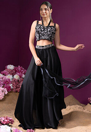 Embroidered Satin Silk Crop Top Set in Black