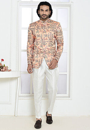 Embroidered Satin Silk Jodhpuri Suit in Peach