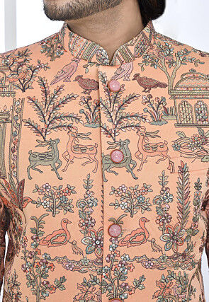 Embroidered Satin Silk Jodhpuri Suit in Peach