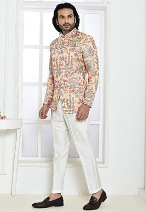 Embroidered Satin Silk Jodhpuri Suit in Peach