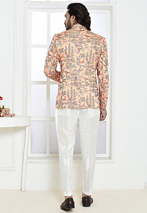 Embroidered Satin Silk Jodhpuri Suit in Peach