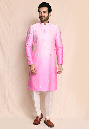 Embroidered Satin Silk Kurta Set in Pink Ombre