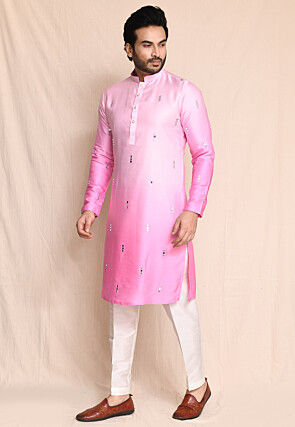 Embroidered Satin Silk Kurta Set in Pink Ombre