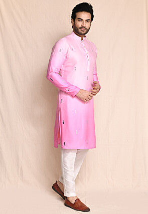 Embroidered Satin Silk Kurta Set in Pink Ombre