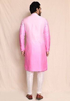Embroidered Satin Silk Kurta Set in Pink Ombre
