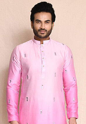 Embroidered Satin Silk Kurta Set in Pink Ombre
