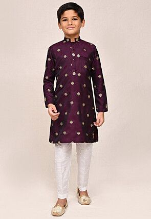 Embroidered Satin Silk Kurta Set in Wine