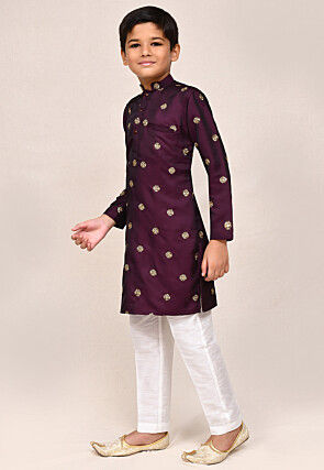 Embroidered Satin Silk Kurta Set in Wine
