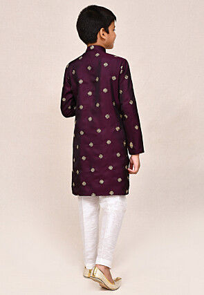 Embroidered Satin Silk Kurta Set in Wine