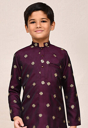 Embroidered Satin Silk Kurta Set in Wine