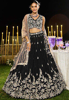 Embroidered Satin Silk Lehenga in Black