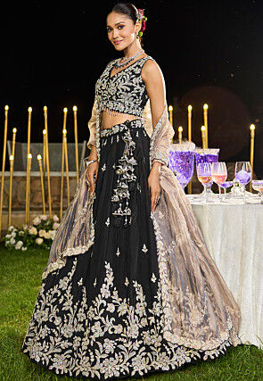 Embroidered Satin Silk Lehenga in Black