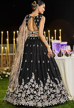 Embroidered Satin Silk Lehenga in Black