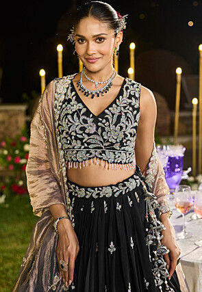 Embroidered Satin Silk Lehenga in Black
