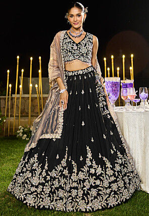 Embroidered Satin Silk Lehenga in Black