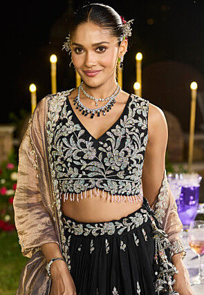 Embroidered Satin Silk Lehenga in Black
