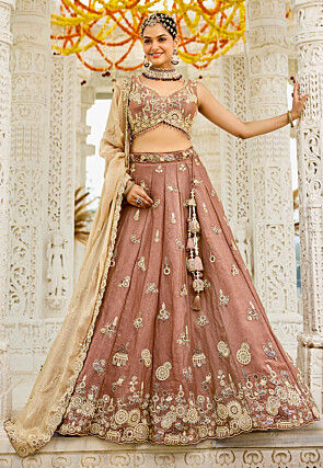 Embroidered Satin Silk Lehenga in Brown