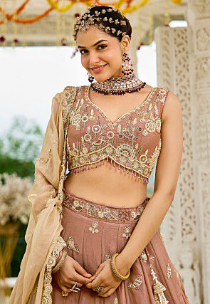Embroidered Satin Silk Lehenga in Brown