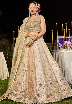 Embroidered Satin Silk Lehenga in Cream