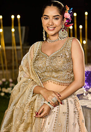 Embroidered Satin Silk Lehenga in Cream