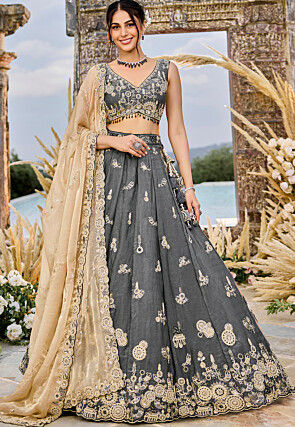 Embroidered Satin Silk Lehenga in Dark Grey