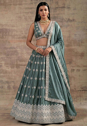Embroidered Satin Silk Lehenga in Dusty Blue
