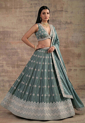 Embroidered Satin Silk Lehenga in Dusty Blue