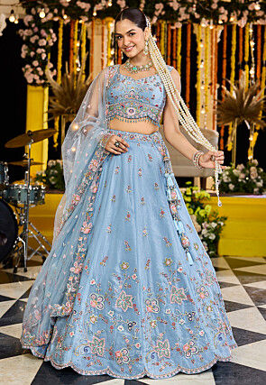 Embroidered Satin Silk Lehenga in Light Blue