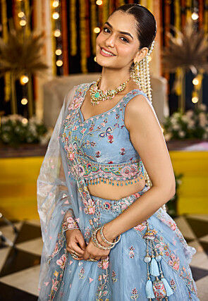 Embroidered Satin Silk Lehenga in Light Blue