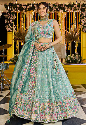 Embroidered Satin Silk Lehenga in Light Blue