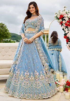 Embroidered Satin Silk Lehenga in Light Blue