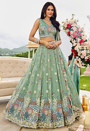 Embroidered Satin Silk Lehenga in Light Green