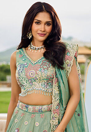 Embroidered Satin Silk Lehenga in Light Green