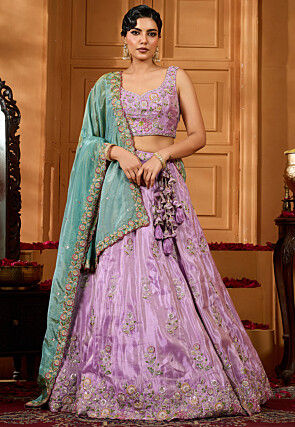 Embroidered Satin Silk Lehenga in Light Purple