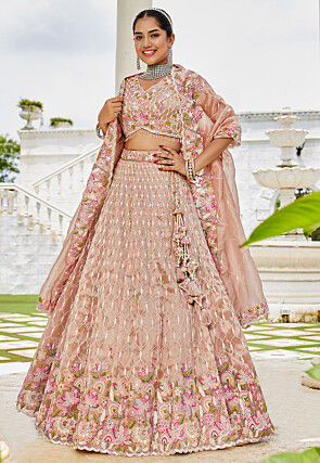 Embroidered Satin Silk Lehenga in Peach