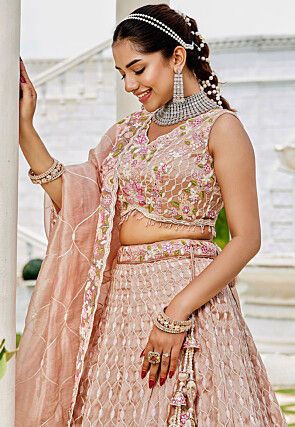 Embroidered Satin Silk Lehenga in Peach