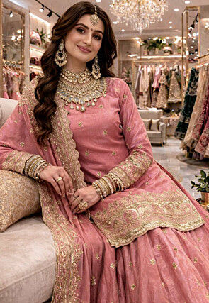 Embroidered Satin Silk Lehenga in Pink