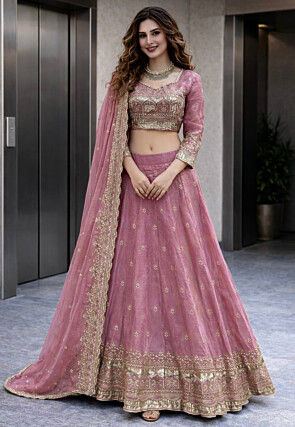 Embroidered Satin Silk Lehenga in Pink