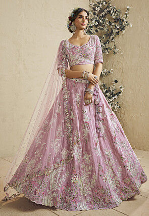 Embroidered Satin Silk Lehenga in Pink