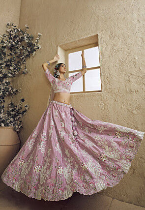 Embroidered Satin Silk Lehenga in Pink