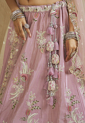 Embroidered Satin Silk Lehenga in Pink