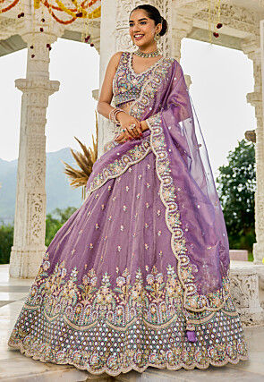 Embroidered Satin Silk Lehenga in Purple