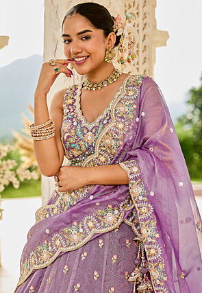 Embroidered Satin Silk Lehenga in Purple