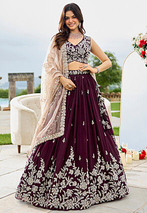 Embroidered Satin Silk Lehenga in Purple