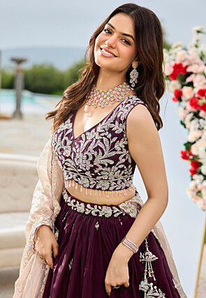 Embroidered Satin Silk Lehenga in Purple