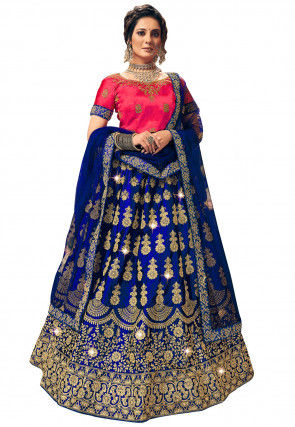 Embroidered Satin Silk Lehenga in Royal Blue